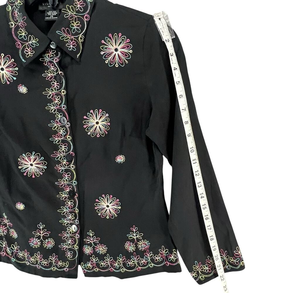 Silkland Y2K Shirt Women S Petite Black Silk Embroider Floral Button Up Boho Art - Picture 9 of 14
